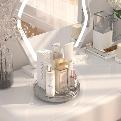 9" Silver Lazy Susan for Table Top, Oak Wood Lazy Susan Turntable Organizer for Dining Coffee Table Centerpiece Bar Decor Kitchen Countertop Bathroom Vanity Decorative Tray for Perfume Jewelry Round - color: Silver, size: 9