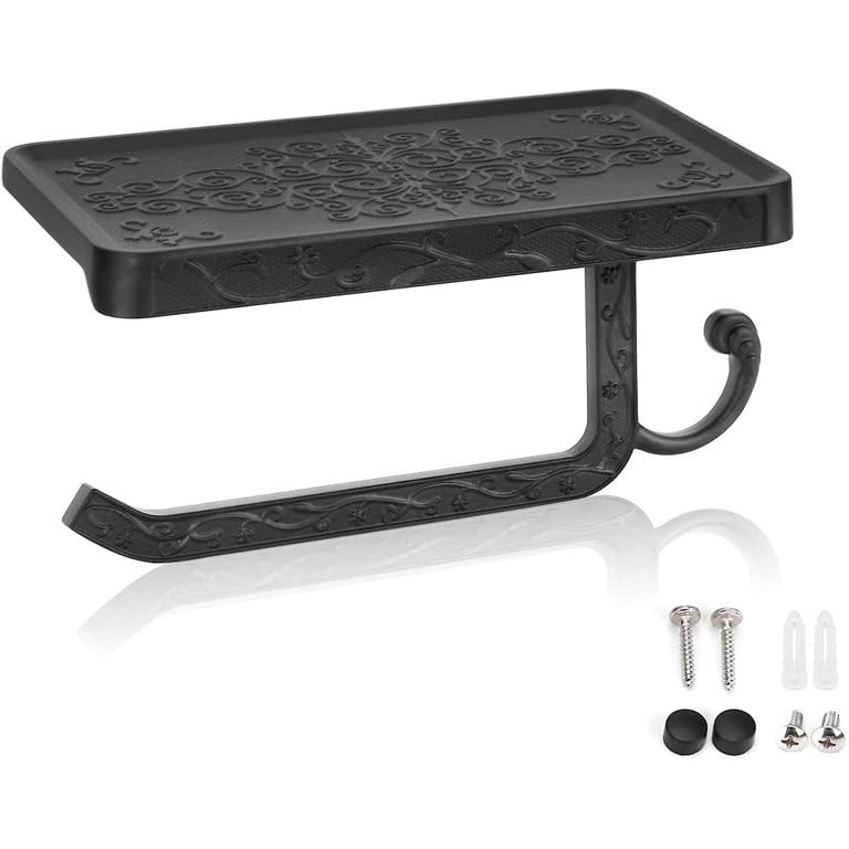 Vintage Toilet Paper Holder Wall Mount Toilet Roll Holder with Shelf and Hook Bronze Antique Bathroom Accessories Toilet Tissue Roll Holder Hanger Aluminum Material (Black) - color: Black