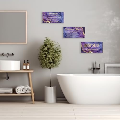 DONFENTHY 3-Piece Purple & Gold Bathroom Decor - Rules Wall Art & Signs - Best Seat in The House - Farmhouse Wooden Sign for Toilet Wall Decor (10x5") - color: Purple Gold