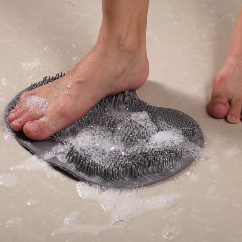 2PACK Shower Foot Scrubber Mat,Wall Mounted Back Scrubber Silicone Bath Massager Cushion Brush with Non-Slip Suction Cups,Foot Scrubber for Use in Shower for Improve Skin Exfoliation(Grey&Blue)