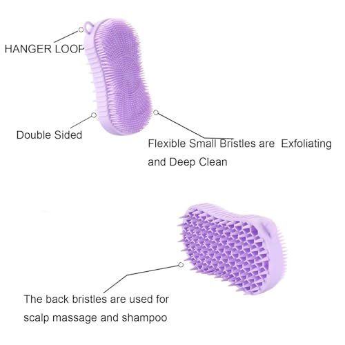 Silicone Body Scrubber, Double Sided Exfoliating Brush with Soft Flexible Bristles, Scalp Massage and Shampoo Tool with Hanger Loop (Lavender) - color: Lavender