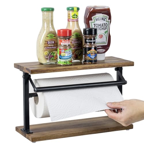 MyGift Premium Solid Acacia Wood Paper Towel Holder with Top Display Shelf and Matte Black Metal Frame, Freestanding Kitchen Countertop Disposable Roll Dispenser Storage Rack - color: Acacia Wood