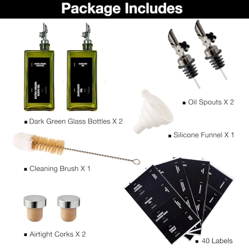 Olive Oil Dispenser Bottle for Kitchen, 16.9oz /500ml Cooking Vinegar Dispenser Bottle Set, Glass Sauce Container, Labels, Brush, Funnel, Stoppers, Green for Oil, Wine - color: Black