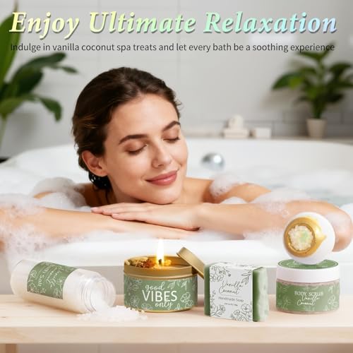 Spa Gifts for Women Bath Gift Set, Vanilla Coconut Spa Gift Baskets Home Bath Set Self Care Kit Care Package Thank You Birthday Mothers Day Easter Gifts for Women Mom Her Friends Sister Teen Girl Wife - color: Sage Green-Vanilla Coconut