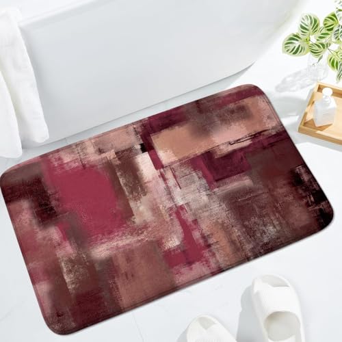 Burgundy Red Abstract Bath Rug, Modern Art Grey Brown Rust Painting Bath Mat Sets for Bathroom, Soft Non Slip Floor Rugs 17X29 Inch - color: Burgundy Red