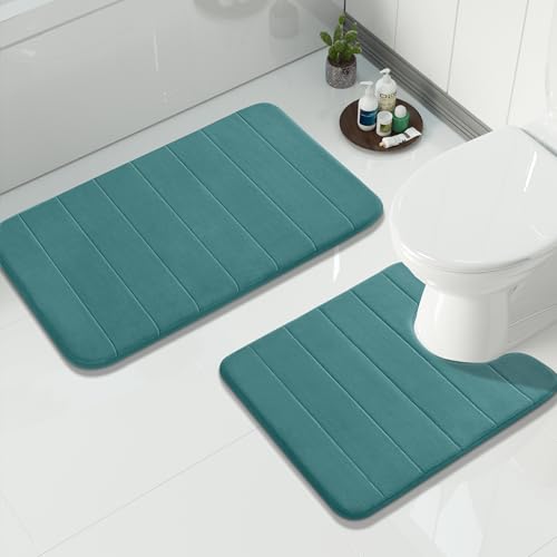 Yimobra Memory Foam Bath Mat Set 2 Piece - Super Soft Absorbent Quick Dry Bathroom Toilet Rugs, Machine Washable Non Slip Floor Carpet for Tub Shower & Single Sink (31.5x20 & 24x20, Teal) - color: Teal, size: 31.5x20+24x20 Inch