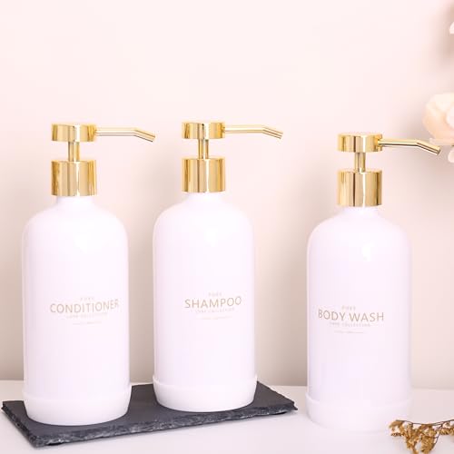 Shampoo and Conditioner Dispenser Set of 3,Refillable 20.5OZ Shampoo Bottles with Non-Slip Protective Silicone Pad,Shower Soap Dispenser with Waterproof Labels for Bathroom (White) - color: White Bottles + Gold Pumps