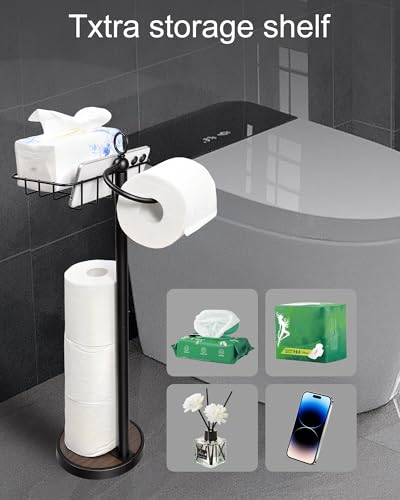 Toilet Paper Holder Free Standing with Basket for Phone & Wet Wipes, Stainless Steel Toilet Paper Holder for 4 Rolls Storage, Stable Weighted Base and Rustproof 23" H for Bathroom (Black) - color: Matte Black