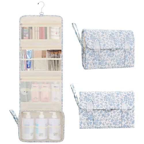 Relavel Travel Toiletry Bag with Hanging Hook, Floral Hanging Toiletries Bag for Women, Large Capacity Makeup Cosmetic Storage Organizer for Full Sized Container, Accessories - Blue Flower - color: 01 Blue Flower, size: X Large