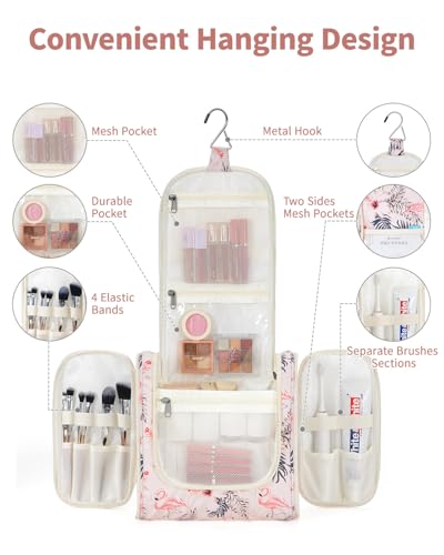 Narwey Hanging Toiletry Bag for Women Travel Makeup Bag Organizer Toiletries Bag for Cosmetics Essentials Accessories (Large, Beige Bird) - color: B-Beige Bird, size: Large
