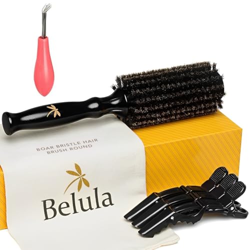 Belula 100% Soft Boar Bristle Round Brush for Blow Drying Set. Round Hair Brush With Large 2.4” Wooden Barrel. Hairbrush Ideal to Add Volume and Body. Free 3 x Hair Clips & Travel Bag - color: Large Barrel 2.4"