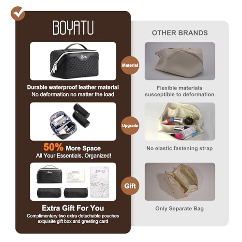 BOYATU Travel Makeup Bag Cosmetic Bags for Women: Large Capacity 3 Pcs Set Make up Bag with Compartments - Waterproof Vegan Leather Toiletry Organizer Bags with Handle (M-71Black) - color: M-71Black
