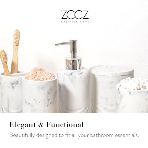ZCCZ White Marble Bathroom Accessories Set 6 Pieces - Toothbrush Holder, Lotion Dispenser, Qtip Container, Vanity Tray, Tumbler - Countertop Organizer for Bathrooms - Elegant and Functional Décor Set - color: White Marble, size: 6pcs