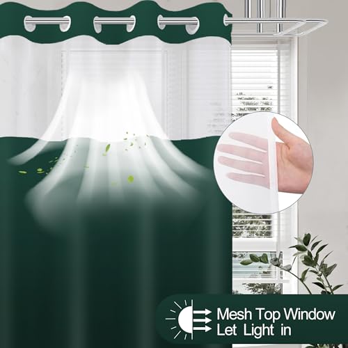 No Hook Shower Curtain with Snap in Liner, Ombre Dark Green Shower Curtains and Liner Set, Hotel Fabric Bath Curtain for Bathroom, Mesh Top Window Waterproof Washable, 71" x 74" - color: Ombre Dark Green, size: 71"W x 74"L (Pack of 1)