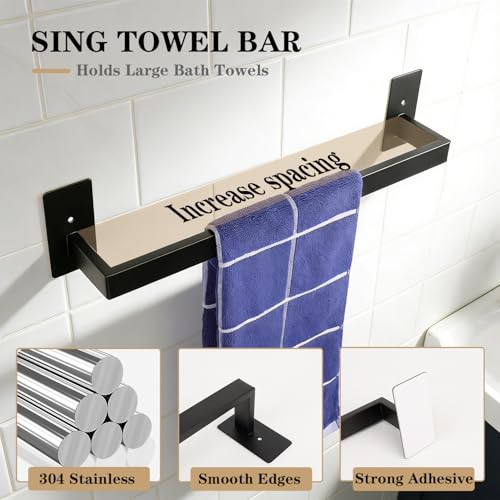 5 Pieces Self Adhesive Bathroom Hardware Set-SUS304 Stainless Steel-Towel Rack Set Include 16″Towel Bar+Toilet Paper Holder+3 Towel/Robe Hooks Bathroom Accessory (Matte Black, 16 in)