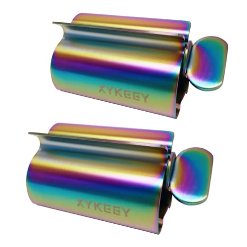 XYKEEY Toothpaste Tube Squeezer - Set of 2 Toothpaste Squeezer Rollers, Metal Toothpaste Tube Wringer Seat Holder Stand (Iridescent) - color: Iridescent