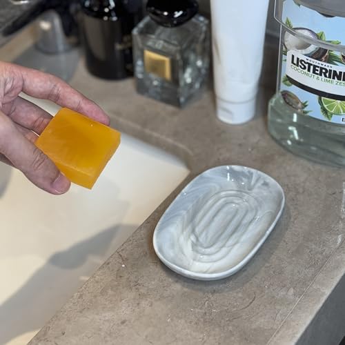 Ceramic Marble Pattern Soap Dish, Textured Raised Soap Saver Tray for Shower Bathroom Kitchen Sink Vanity, Easy to Clean Multi-Use Holder for Bar Soap Jewelry Rings Keys, Grey (1 Pack) - color: Grey