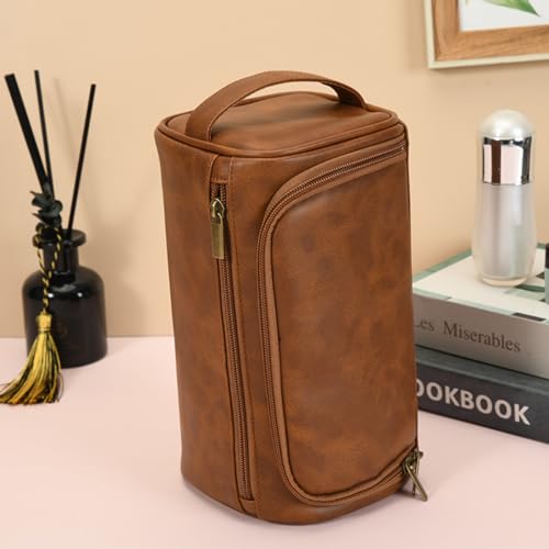 Toiletry Bag for Men, Travel Shaving Dopp Kit Water-resistant Bathroom Toiletries Organizer PU Leather Cosmetic Bags - color: brown