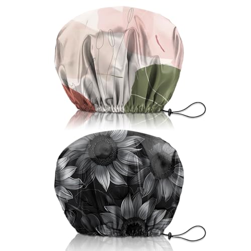 2 PCS Shower Cap Reusable Waterproof Double Layers Hair Caps Shower Bath Adjustable Elastic Hat for Women Girls Cute Aesthetic-Color Block Sunflower - color: AI18-Color Block Sunflower