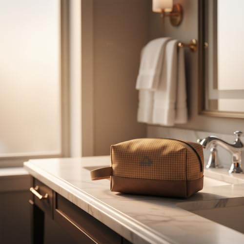 GOX Premium Plaid & Leather Travel Toiletry Bag with Reinforced Handles Cosmetic Organizer (9x5.1x5.1 inches) for Bathroom, Shaving, Makeup Essentials (Brown) - color: Brown
