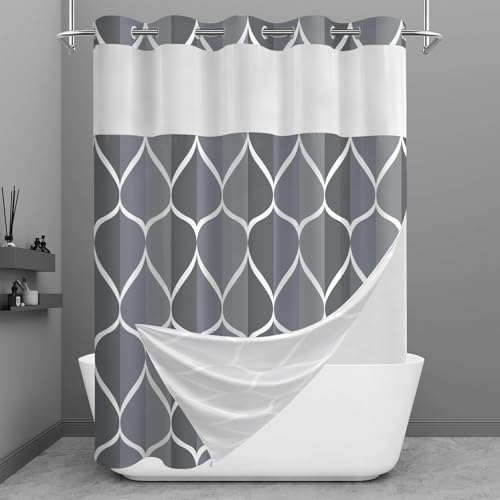 Yiatn Grey Blue No Hook Shower Curtain with Snap in Liner - Hotel Style with See Through Mesh Top Window, Modern Geometric Waterdrop Design,Waterproof and Washable,- 71x74 INCH - color: Grey Blue, size: 71"W x 74"L (Pack of 1)