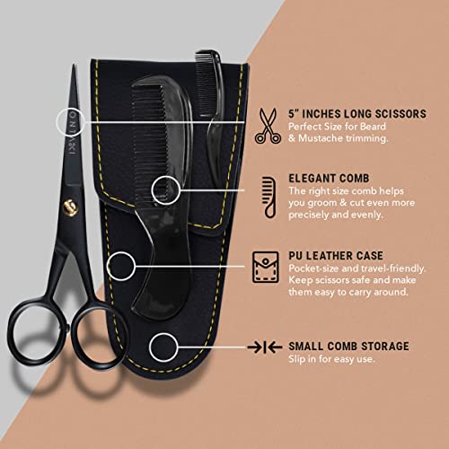 5" Beard and Mustache Scissors for Men with Combs - German Steel - Black | Bevel-Edge Precision Styling Scissors - Complete Beard and Moustache Trimming Kit - color: Black