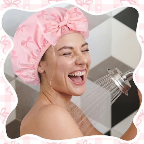 ramede Large Satin Lined Shower Cap for Women Reusable Waterproof Double Layer Bath Cap with Cute Pink Bow Large Washable Bath Caps with Soft Elastic Band Protect Long Hair Braids Locs - style: Pink Bow