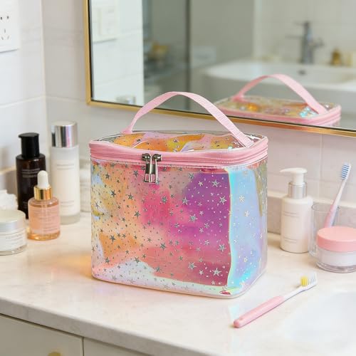 Holographic Star Print Pink Makeup Bag - Portable & Waterproof Barrel-Shaped Toiletry Bag, 8.27x6.7x6.3in Cosmetic Case for Women & Men (Red Star) - color: Holographic pink