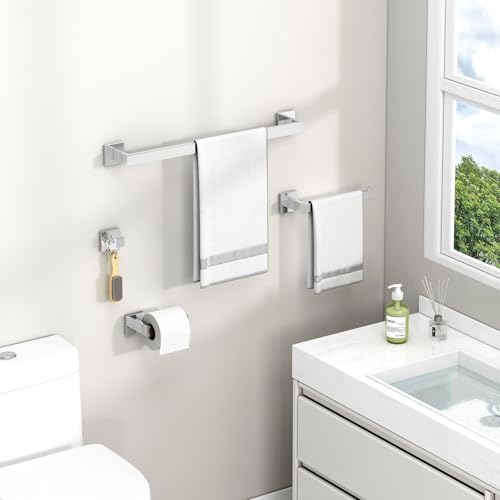 Bathroom Hardware Set 4-Piece, Angle Simple SUS304 Stainless Steel Bath Accessory Kit, Bathroom Fixture Set with Robe Hook, Toilet Paper Holder, Towel Holder and Towel Bar Polished Chrome - color: Polished Chrome