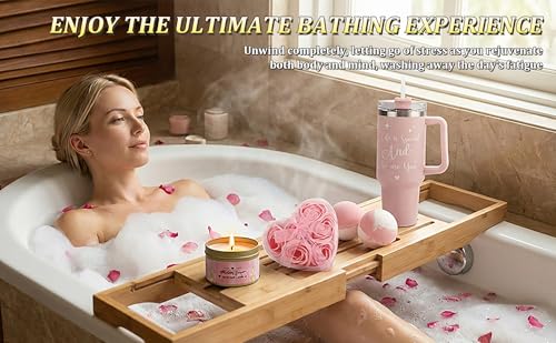 Mothers Day & Birthday Gifts for Women - Tova's Creations 13-Piece Strawberry Daiquiri Spa Gift Basket with 40 OZ Tumbler & Luxury Flannel Blanket for Mom, Wife, Grandma - color: Pink