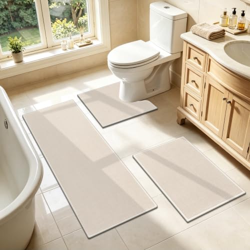 SHACOS 3 Piece Bath Mats Toilet Rug U-Shaped, No Slip Rubber Bath Rugs for Bathroom Toilet, Ultra Thin Bathroom Rugs Washable Quick Dry Absorbent Bathroom Mat (17"x24"+20"x32"+ U-20"x24") - color: Beige, size: 17"x24"+20"x32"+U20"x24"
