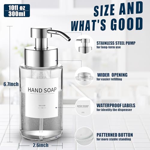 Glass Foaming Hand Soap Dispenser, 10 oz Easy Refill Glass Soap Dispenser, Foam Dispenser with Stainless Steel Pump & Waterproof Labels, Clear Foam Soap Bottle for Bathroom Countertop - color: Brushed Nickel Foam 1pc