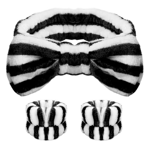 WSYUB Makeup Headband, Spa Headband and Wristband Set, Headbands for Washing Face, Black and White Headbands for Women Girls - color: Black and White