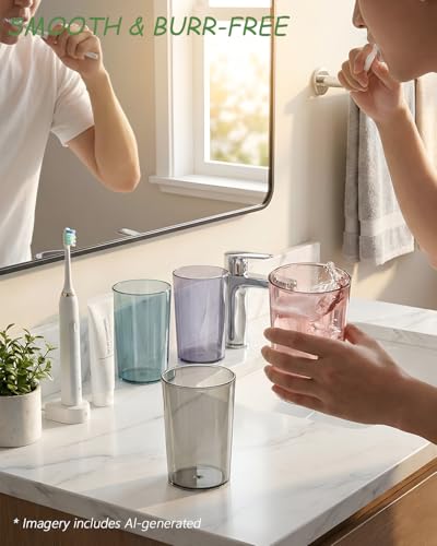 4 Pack Bathroom Tumbler Toothbrush Cups, Unbreakable Toothbrush Holders, Reusable Drinking Cups, Plastic Mouthwash Cup, Stackable Bathroom Brushing Cup 300ml(Red, Purple, Blue, Grey)