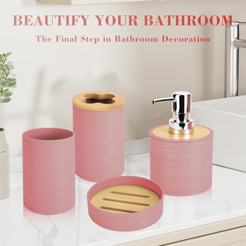 4 PCS Light Pink Bathroom Accessories Set, Includes a Soap Dispenser, Toothbrush Holder, Soap Dish and Mouthwash Cup, Plastics & Bamboo Bathroom Set, Bohemian Style Bathroom Sink Set - color: Light Pink, size: 4 PCS