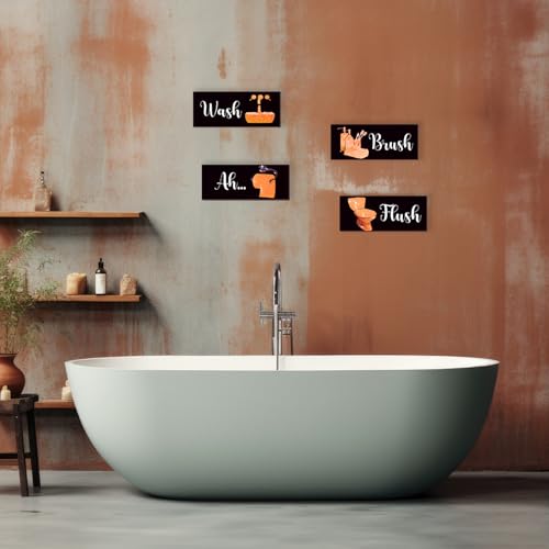 4 Pcs Orange Bathroom Decor Funny Orange And Black Wall Art Wooden Bathroom Accessories Modern Glitter Set for Home Toilet Decoration 10x4 Inches - color: Orange, size: 10 X 4 Inch