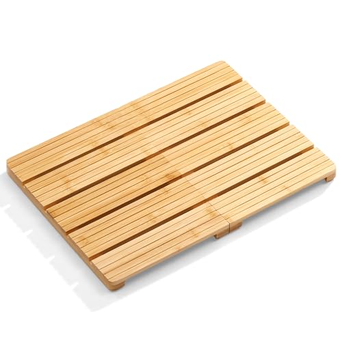 Foldable Bamboo Bath Mat for Shower, 19.68" x 14.17" in Non-Slip Wood Bathroom Rug, Quick-Dry Waterproof Carpet for Indoor Outdoor Use by Sink, Tub, Pool - size: 19.7" x 14.2" (Rectangular)