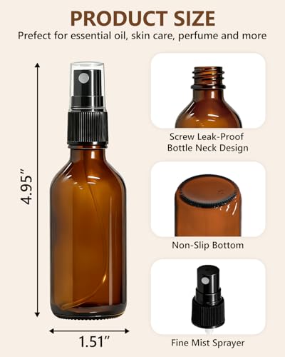 KEYWING 36 Pack Small Amber Glass Spray Bottles for Essential Oils, 2oz Empty Fine Mist Mini Spray Bottles, Refillable Containers for Hair, Travel, Plants, Cleaning, Skin Care - size: 2oz