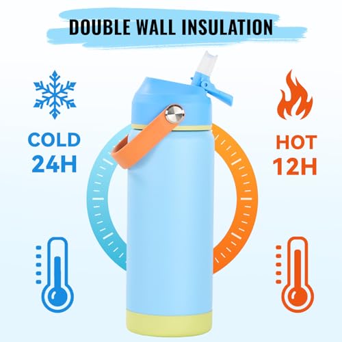 Fijinhom 18oz Insulated Stainless Steel Water Bottle, Wide Mouth Double Wall Vacuum, Silicone Straw, Sweat & Leak Proof, BPA Free Insulated Water Flask for Travel, Keep Cold 24h Hot 12h, Cerulean - color: Cerulean, size: 18 Ounces