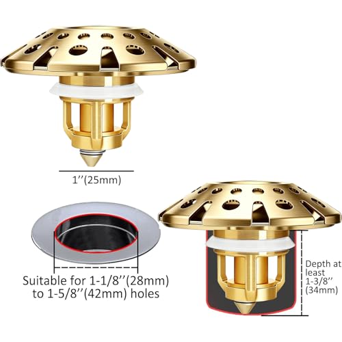 AzWzz Bathroom Sink Drain Strainer, 3 in 1 Pop Up Bathroom Sink Stopper Plug with Hair Catcher Cover, Universal for 1.06 in to 1.6 in Sink Drain, Brushed Gold - color: Brushed Gold, style: Bathroom Sink Stopper with Hair Catcher