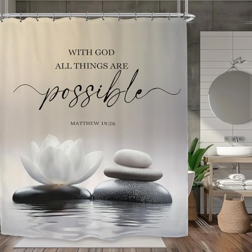 Zen Lotus Spa Shower Curtain 60Wx72L Inch Ink Quotes Meditation Inspirational Motivational Bible Bathroom Set Accessories Decor with 12 Pack Hooks - color: White Lotus, size: 60"W x 72"L (Pack of 1)