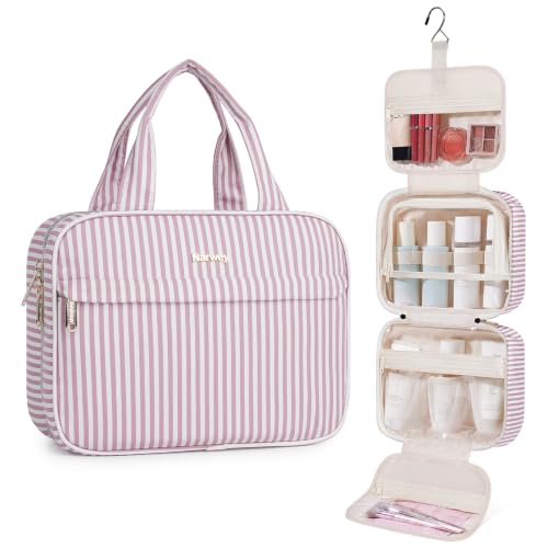 Narwey Striped Hanging Toiletry Bag for Women Travel Makeup Bag Cosmetic Make Up Organizer Toiletries Bag for Travel Essentials Accessories (Dusty Pink Stripe, Medium) - color: B-Dusty Pink Stripe, size: Medium