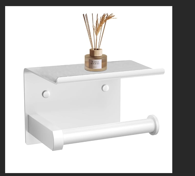 Self Adhesive Toilet Paper Holder with Phone Shelf Stainless Steel Wall Mounted Toilet Paper Roll Holder - Rustproof and Bathroom Washroom Tissue Roll Holder with Storage Shelf -White - color: White