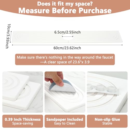 Faucet Mat for Kitchen Sink, Quick Dry Diatomite Kitchen Sink Mat Sink Splash Guard Stone Drying Mat for Kitchen Counter Kitchen Drying Mat Stone Tray Kitchen Sink Accessories(White, 23.6'')