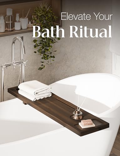 Tinamo Acacia Bathtub Tray Caddy with Adjustable Legs - Bath Tub Tray for Freestanding Tubs - 39x9.75 Inch Large Wooden Anti-Tipping Tub Tray for Bathtub with Accessories Holders (Walnut, 39x9.75) | Acacia Wood, Adjustable Width, 39" x 9.8" x 2.5", Multi-