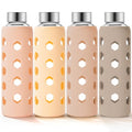 Mrsdry Glass Juice Bottles with Lids and Silicone Sleeves 18 oz, 4-Pack Reusable Clear Glass Water Bottles with Stainless Steel Airtight Cap for Juicing, Refrigerator, BPA Free Leak-Proof Drinking Jar - color: Apricot