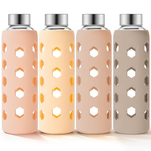 Mrsdry Glass Juice Bottles with Lids and Silicone Sleeves 18 oz, 4-Pack Reusable Clear Glass Water Bottles with Stainless Steel Airtight Cap for Juicing, Refrigerator, BPA Free Leak-Proof Drinking Jar - color: Apricot