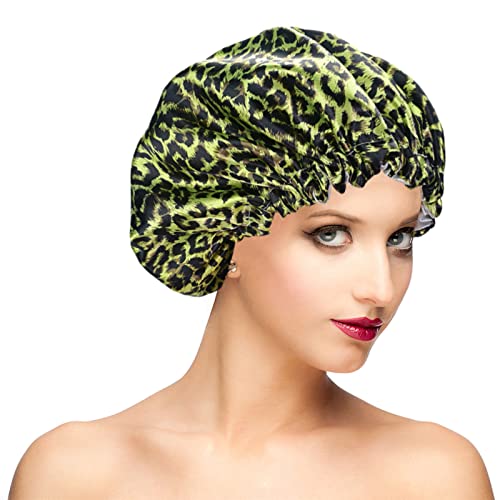 Fishent Adjustable Shower Cap, Large Reusable Shower Caps for Women Long Hair, Double Layer Waterproof Hair Cap, Adult Bathing Cap Shower Hat for Hair Protecton - color: Green Leopard, size: X-Large