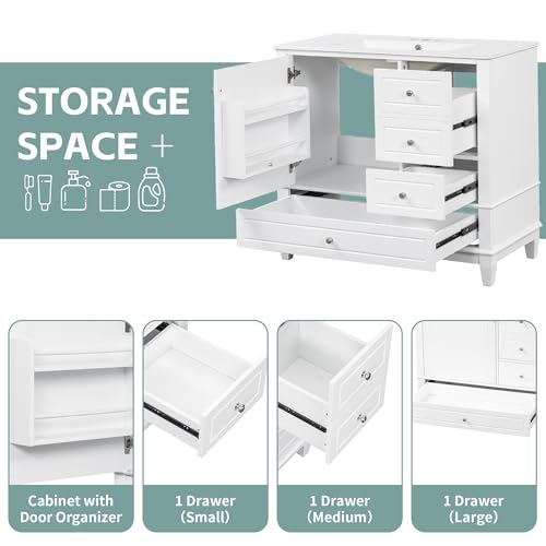 Linique 36" Modern Bathroom Vanity with Sink Combo Set, Solid Wood Frame Bathroom Storage Cabinet with 3 Drawers, Soft Closing Cabinet Door with Organizer, White - color: White, size: 36"/ Door with Organizer