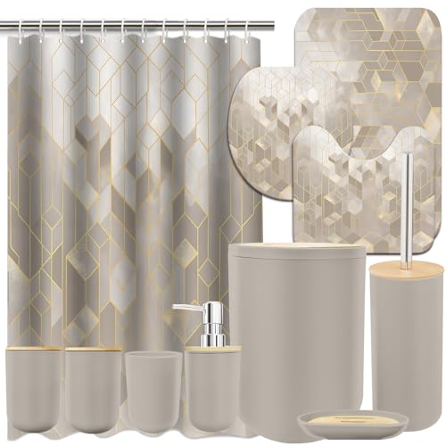 Lnond Beige Bathroom Set, Beige Abstract Cubes Bathroom Accessories Sets Complete, Luxury Restroom Set with Shower Curtain and Rugs, Trash Can, Toilet Brush Holder Set & Soap Dispenser - style: Beige